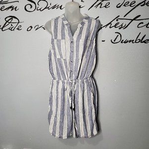 Love, Fire Blue & White Striped Shorts Romper, XL